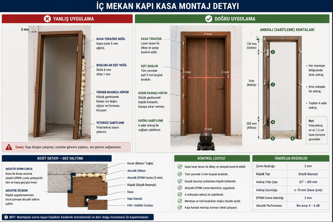 İç kapı kasa montajı detayı — şakül kontrolü, yatay terazi ölçümü, ankraj noktası konumları ve köpük dolgu uygulama sırası, hatalı eğri montaj ile doğru montaj karşılaştırması