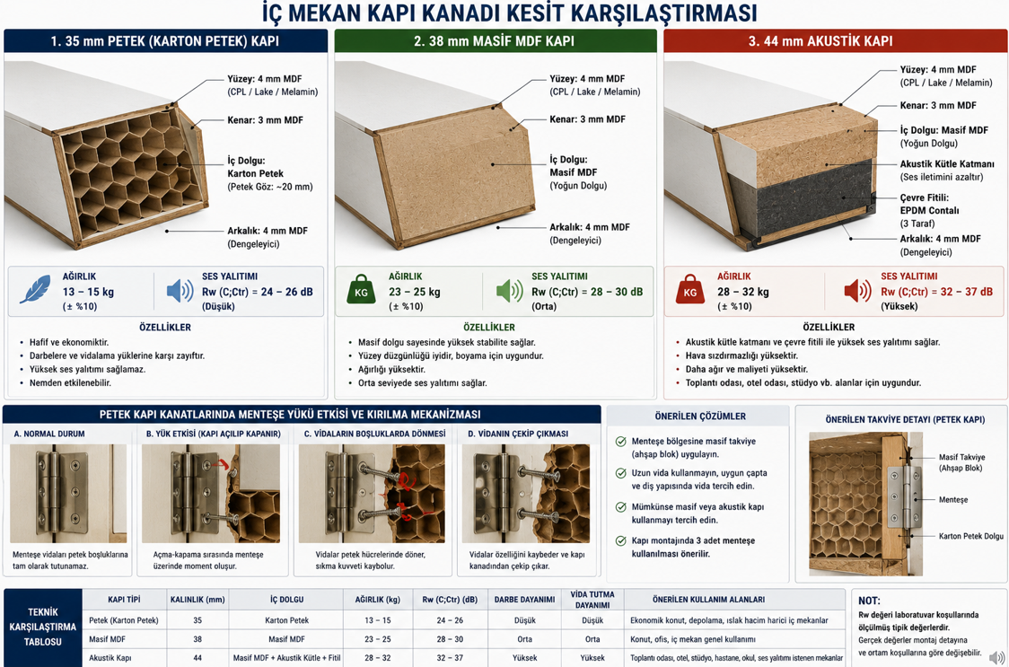 İç kapı yaprağı kesit karşılaştırması — karton petek (honey comb) dolgulu ekonomik kapı ile solid MDF dolgulu ses yalıtımlı kapı kesit detayı, kalınlık standartları ve yük kapasitesi tablosu