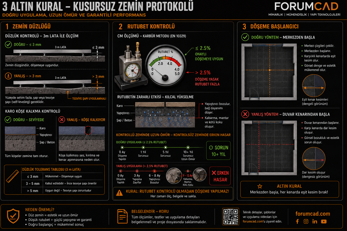 Karo halı alt zemin hazırlık gereksinimleri — 3 m mastar ile zemin düzlük kontrolü 3 mm tolerans, CM testi ile rutubet ölçümü yüzde 2.5 sınır ve kapiler yükselme önleme, primer uygulama süresi ve karo halı döşeme başlangıç noktası merkez aksı belirleme