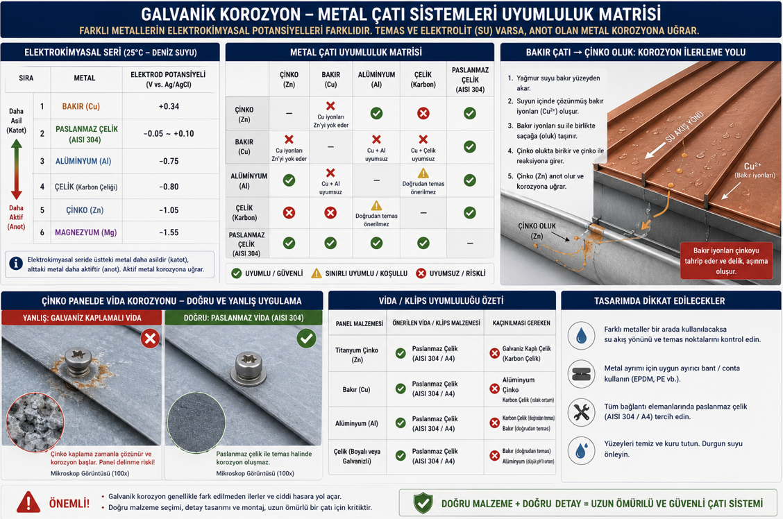 Kenet çatı galvanik korozyon uyumluluk tablosu — çinko, bakır, alüminyum ve çelik arasındaki elektrokimyasal seri konumları, yasak metal çift kombinasyonları ve paslanmaz çelik güvenli bağlantı elemanı kullanımı