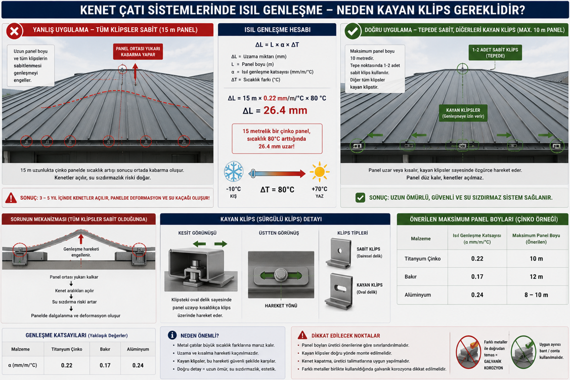 Kenet çatı termal genleşme hesabı — metal türlerine göre genleşme katsayıları ve panel uzunluk sınır tablosu, sabit klips ile kayan klips arasında genleşme hareketi farkı mekanizması
