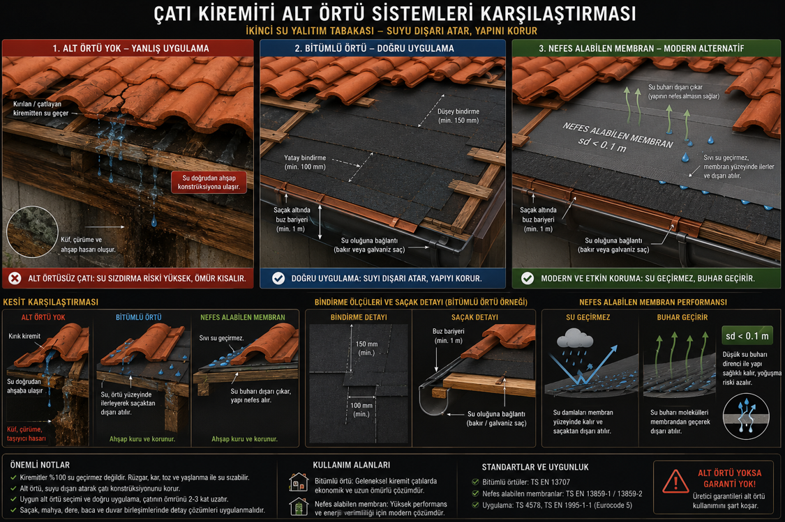 Kiremit çatı alt örtü sistemi — bitümlü örtü ve nefes alabilen su geçirmez membran karşılaştırması, bindirme mesafeleri, yağmur ve kar sürüklenmesi altında alt örtünün su engeli işlevi