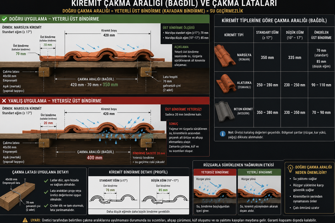 Kiremit çakma düzeni detayı — boyuna örtüşme mesafesi (minimum 70-80 mm), çıta aralığı ölçüsü ve Marsilya kiremit ile alaturka kiremit için örtüşme karşılaştırması