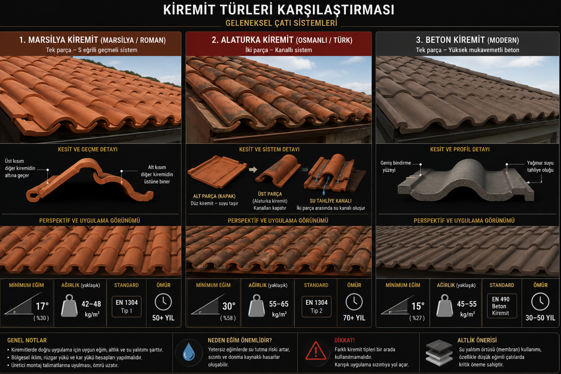 Kiremit türleri karşılaştırması — Marsilya S-kesitli kiremit, alaturka iki parçalı kapak ve yuvarlak sistem ile beton kiremit profil detayı; minimum eğim, ağırlık ve standart numaraları