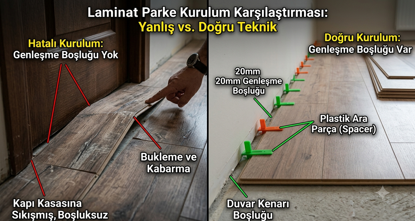 Laminat parkede genleşme boşluğu ve plastik takoz kullanımı — kapı önü kabarma ve duvar kenarı profil detayı