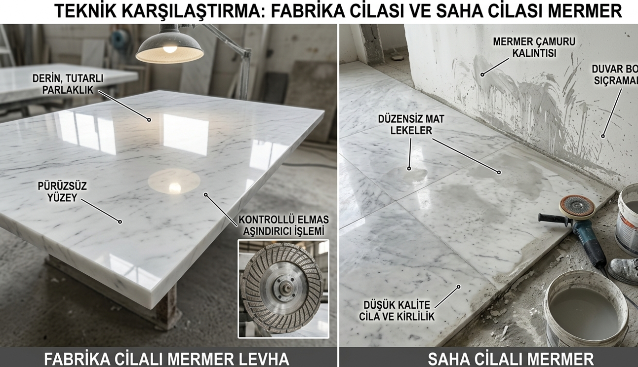 Fabrika ortamında basınçlı fırın cilası ile sahada yapılan hatalı silim/cila işlemi karşılaştırması — parlaklık farkı ve çevre kirlenmesi detayı