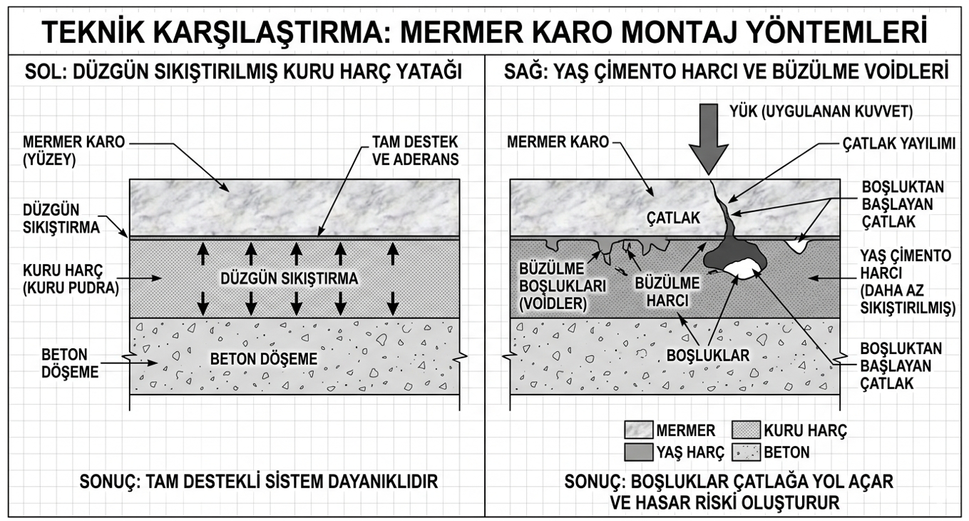 Kuru harçla tokmaklanarak döşenmiş mermer ile ıslak çimento harcı üzerine döşenmiş ve altı boşalmış mermer karşılaştırması