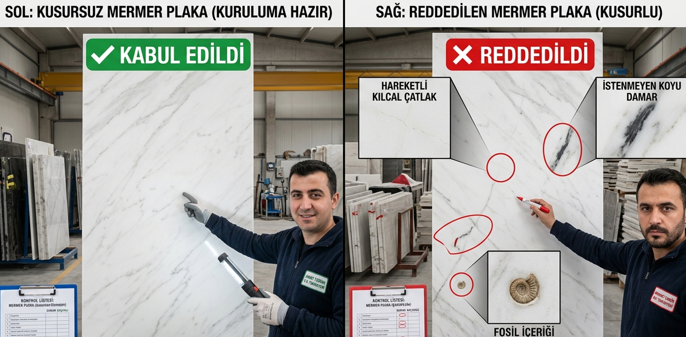 Çatlak, istenmeyen damar veya fosil içeren reddedilmesi gereken mermer levha ile kusursuz, homojen levha karşılaştırması