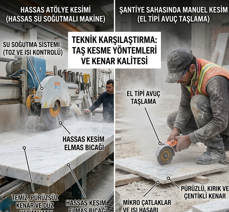 Atölyede mermer kesme makinesiyle yapılan düzgün kesim ile sahada el aletiyle (taşlama) yapılan kontrolsüz, çentikli kesim karşılaştırması
