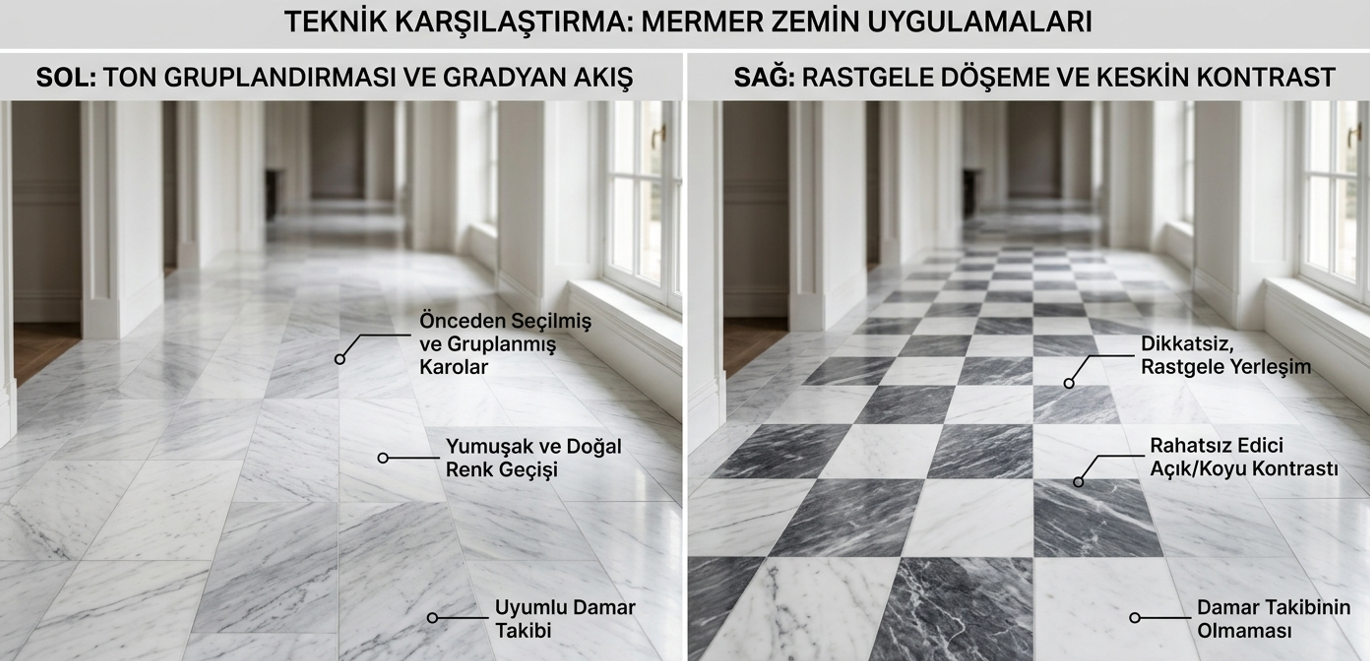 Kuru dizilim (seleksiyon) ile gruplanmış mermer levhalar ile palet sırasına göre rastgele döşenmiş dama tahtası görünümlü hatalı zemin karşılaştırması