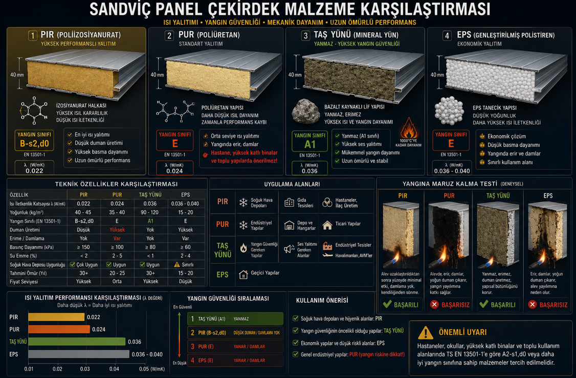 Sandwich panel çekirdek türleri karşılaştırması — PIR, PUR, kaya yünü ve EPS çekirdek kesit detayları, lambda değerleri, yangın sınıfı ve soğuk depo uygunluk tablosu