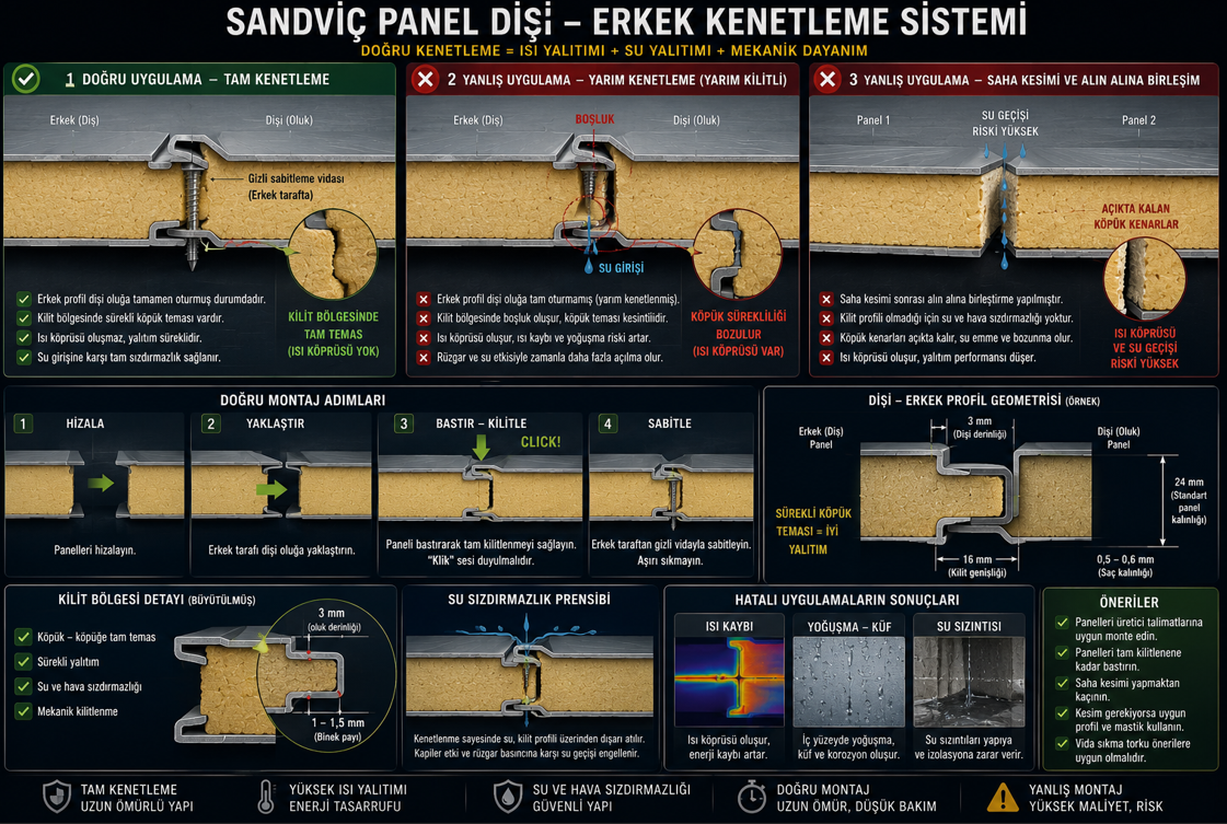 Sandwich panel kilitleme sistemi detayı — dil-oluk (tongue and groove) kilitleme kesit detayı, gizli vida konumu ve yanlış montajda kilitleme boşluğu ile su ve hava geçiş mekanizması