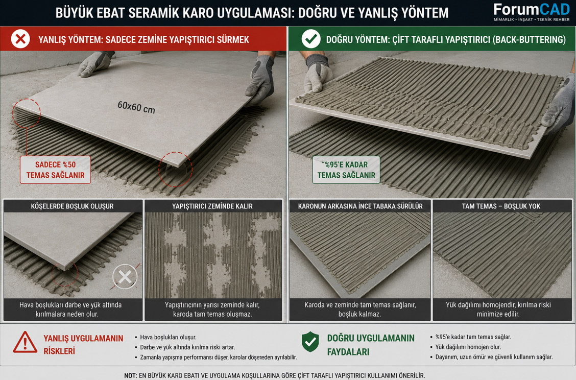 Buyuk format seramik uygulamasinda back-buttering teknigi - hem zemine hem seramik arkasina yapistirici surme ve yuzde 95 temas hedefi