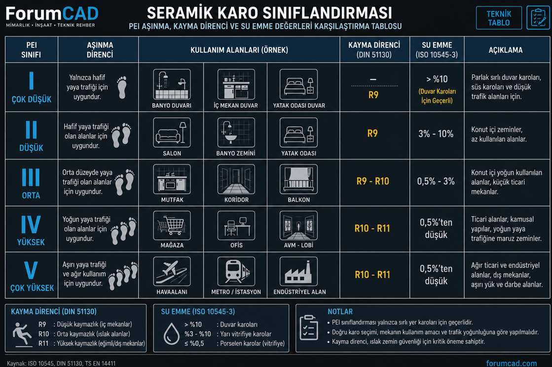 Seramik PEI asinma sinifi karsilastirma tablosu ve kayma direnci R siniflandirmasi - alan kullanimina gore dogru seramik secimi