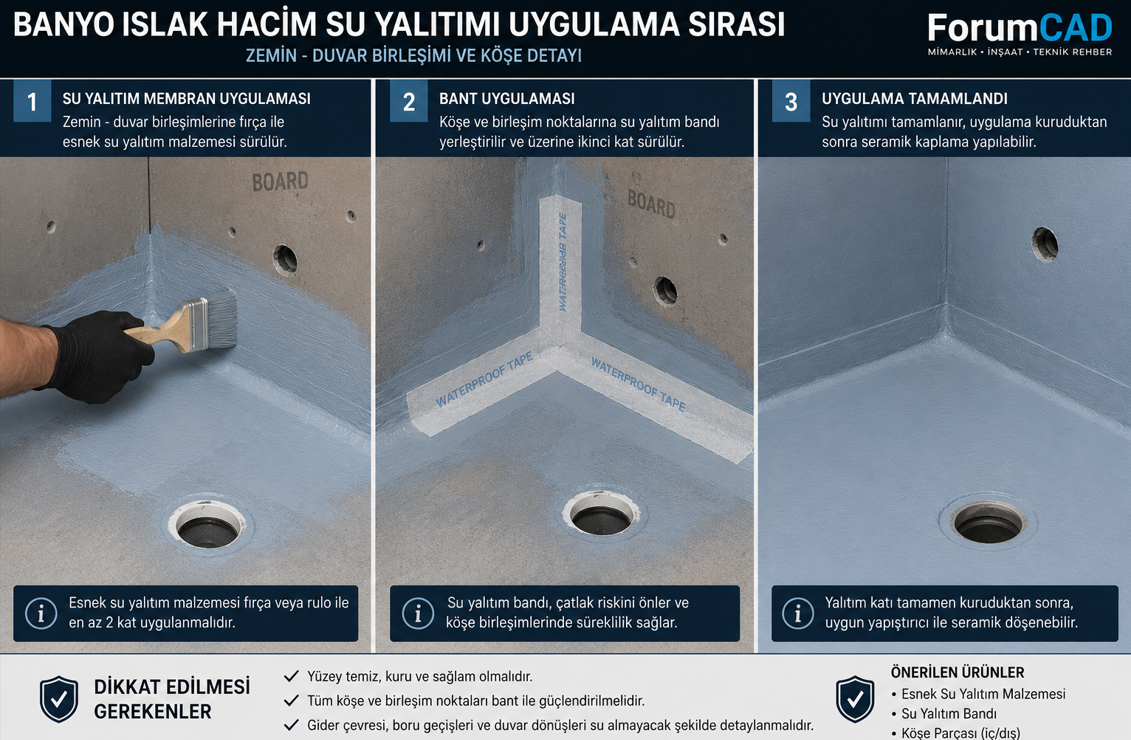 Banyo ve islak hacim seramik uygulamasi oncesi zemin ve duvar su yalitimi - kose bandi ve membran uygulama sirasi