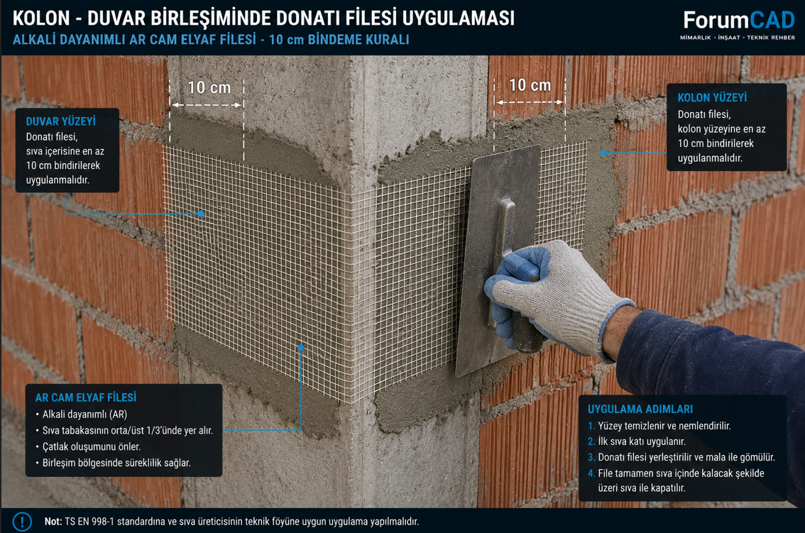 Betonarme kolon-tuğla duvar birleşiminde cam elyaf file gömme uygulaması — her iki yüzeye 10 cm uzanan file bantı ve sıva altı donatı düzeni