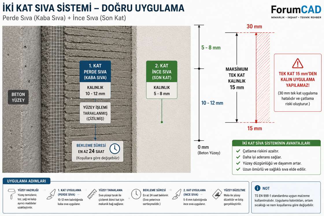 Çimento sıva kat sırası — perde sıva (kaba sıva) yüzey pürüzlendirme, bekleme süresi ve ince sıva (saten altı) uygulaması kesit detayı