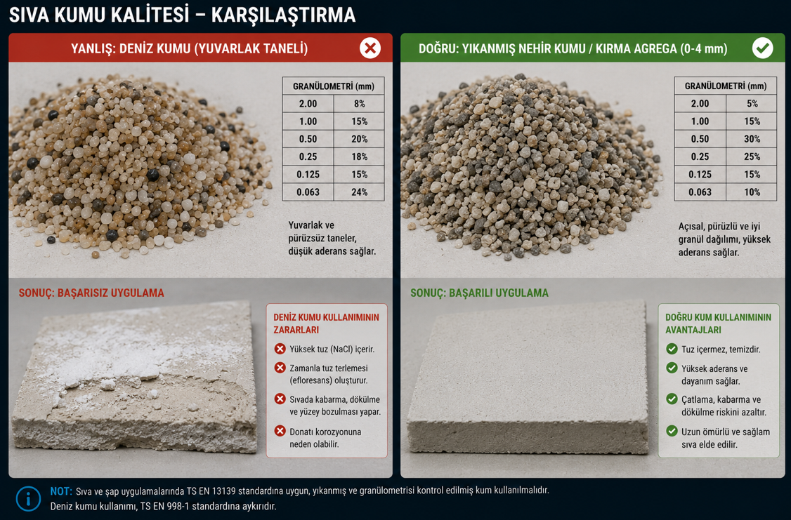 Sıva harcı için uygun dere kumu ve deniz kumu karşılaştırması — tuz kristalik hasarı ve granülometri analizi