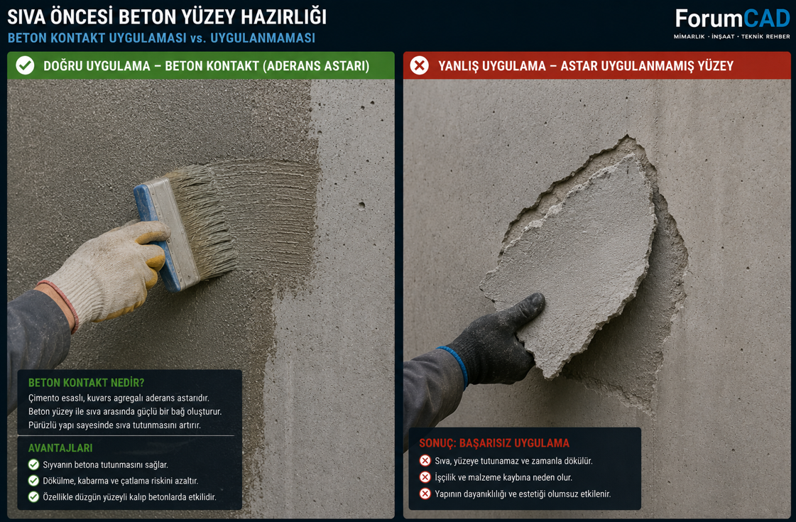 Çimento sıva uygulaması öncesi pürüzsüz beton yüzeye aderans köprüsü (astar) uygulaması ve çentikleme yöntemi karşılaştırması