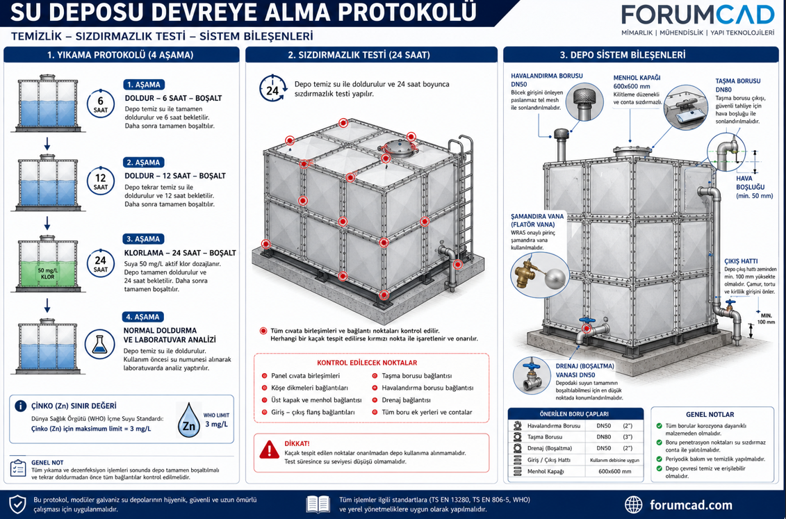 Modüler galvaniz su deposu ilk kullanım yıkama protokolü — su doldur boşalt döngüsü ve çinko iyonu arındırma, sızdırmazlık basınç testi prosedürü, klorlama deşarjı ve su numunesi alma noktaları