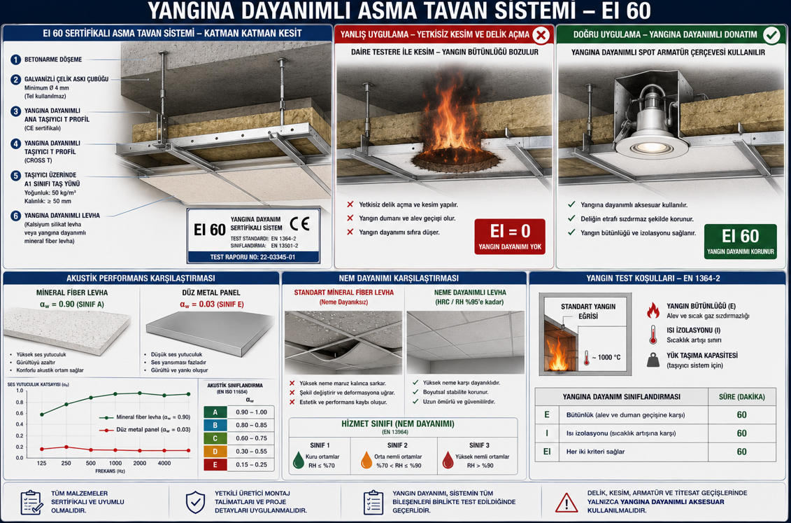 Yangın dayanımlı asma tavan EI 60 katman sistemi — slab altından sırasıyla yangın dayanımlı rod askı, ana T profil, çapraz T, yangın dayanımlı tile veya alcıpan kombinasyonu ve EC-sertifikası, yanlış delme ile yangın dayanımı kaybı mekanizması