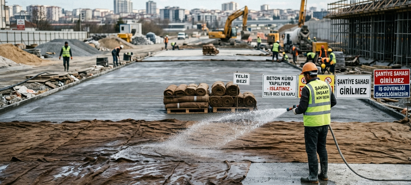 Beton döşeme yüzeyine yayılan telis bez ile kürleme uygulaması — su kaybını önleyen ıslak örtü detayı