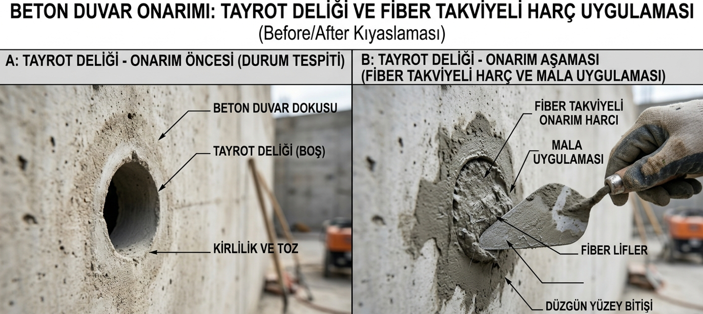 Tie-rod (kelebek civata) deliği kapatma detayı — elyaf katkılı tamir harcı ile dolgu yapılmış perde duvar yüzeyi