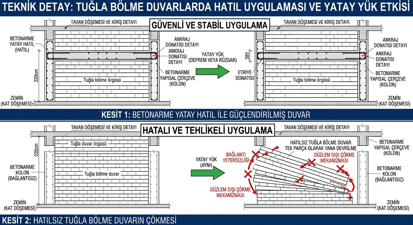 Tuğla duvar içinde 220 cm yüksekliğinde betonarme hatıl uygulaması — hatılsız ve hatıllı duvar deprem davranışı karşılaştırması