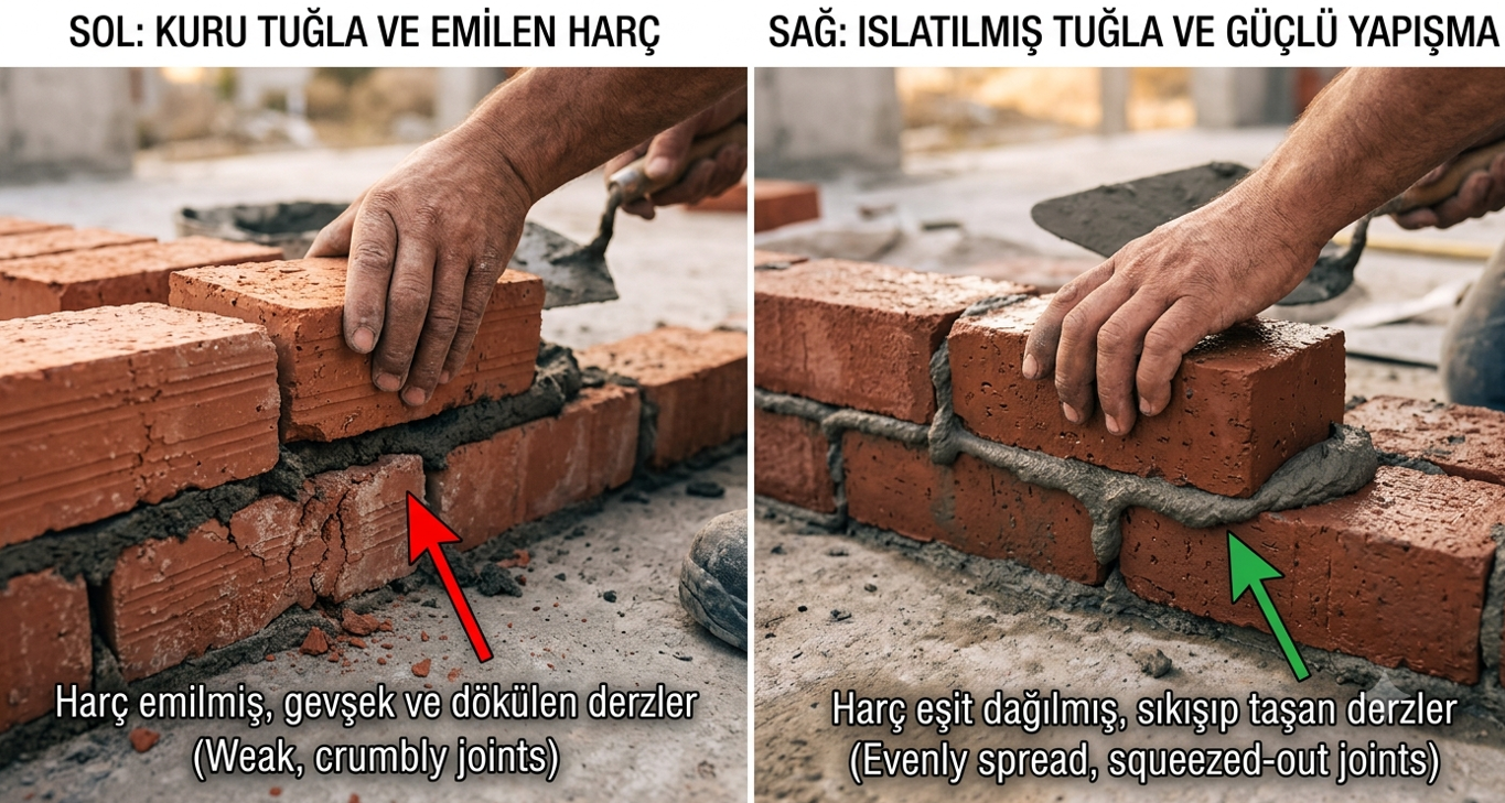 Tuğlaların uygulamadan önce su dolu kaplarda ıslatılması — kuru tuğla ile ıslatılmış tuğla harç aderansı karşılaştırması