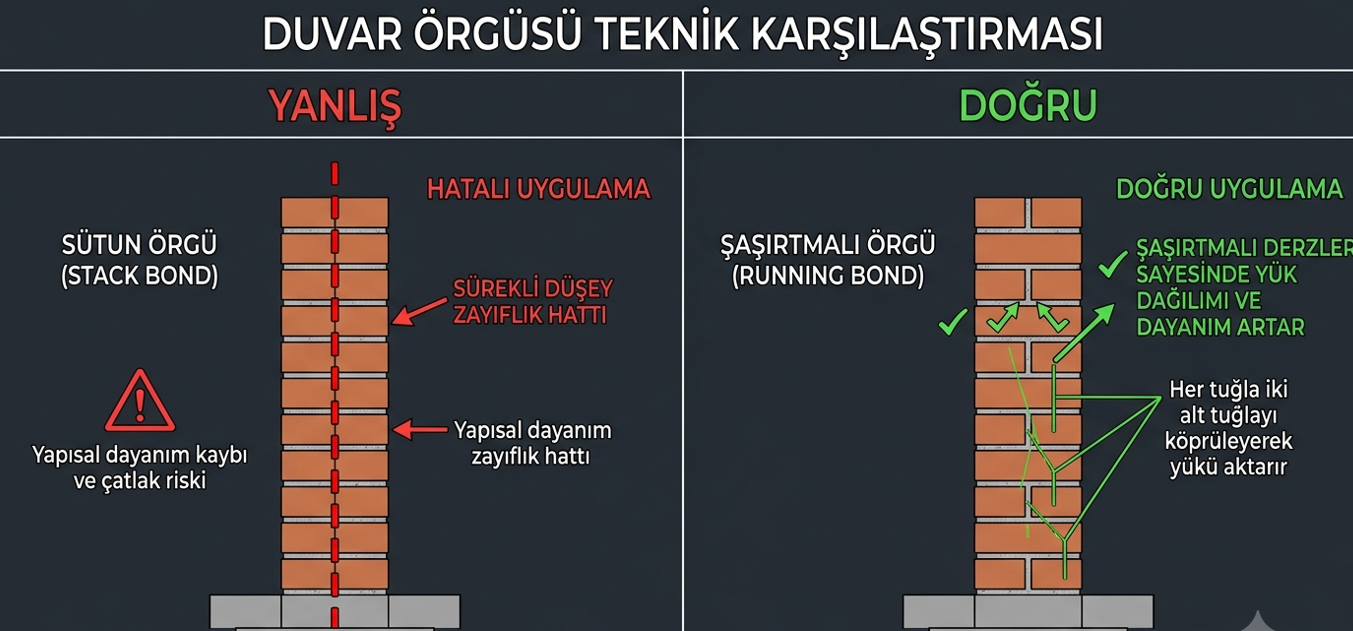 Doğru şaşırtmalı tuğla örgüsü ile hizalı (sütun) örgü karşılaştırması — derzlerin üst üste gelmesi yapısal zayıflık yaratır