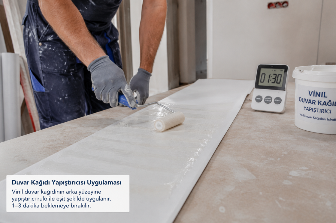 Vinil duvar kağıdı için özel Ovalit yapıştırıcı uygulama yöntemi — açık bekleme süresi ve yapıştırıcının yüzey aktivasyonu