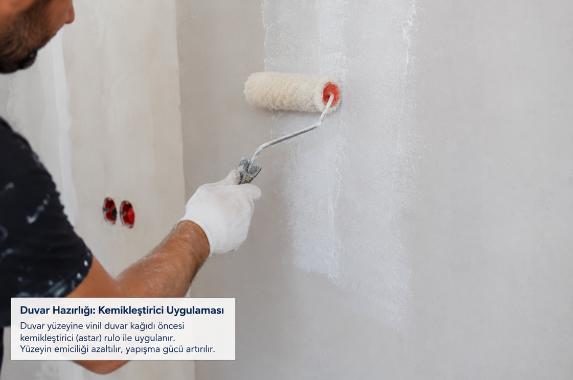Vinil duvar kağıdı uygulaması öncesi yüzey hazırlığı — kemikleştirici uygulaması ve alçı saten düzlük kontrolü