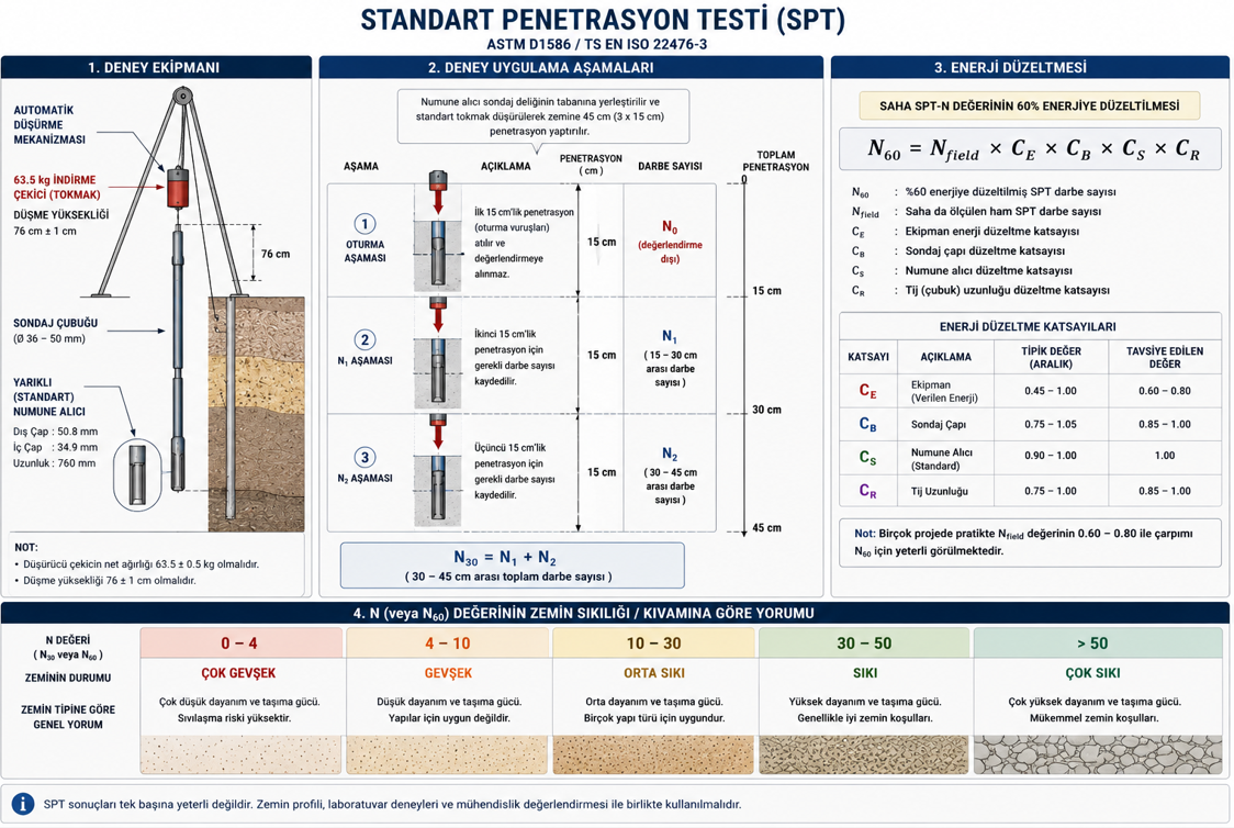SPT standart penetrasyon testi detayı — 63.5 kg çekiç, 76 cm düşme yüksekliği, split-barrel sampler, N30 değeri hesaplama ve enerji düzeltme faktörü CE açıklaması