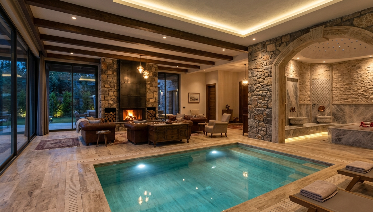 Lüks villa içinde havuz, ev hamamı ve şömine gibi özel mekanların bir arada gösterildiği yaşam alanı görünümü