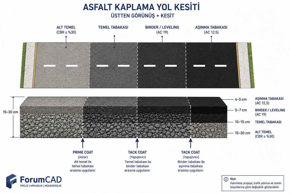 Asfalt yol yapısı tabaka kesiti — alt temel CBR değeri, granüler temel tabakası, bitümlü temel, binder ve aşınma tabakası kalınlıkları ile prime coat ve tack coat konumları