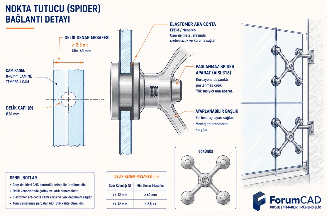 Nokta tutucu spider bağlantı detayı, elastomer conta ve delik kenar mesafesi kesit şeması