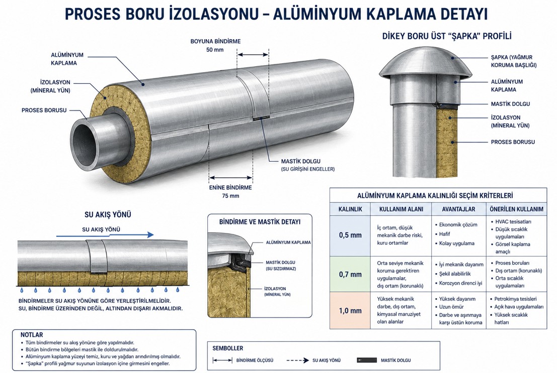 Endüstriyel termal izolasyon alüminyum kaplama (jacketing) detayı — boyuna ve çevresel bindirme ölçüleri, manşon geçişi, boru dirsek kaplaması ve sızdırmazlık mastik uygulaması
