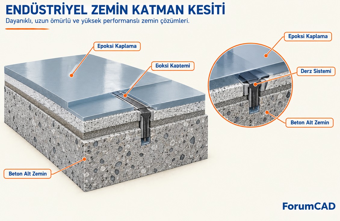 Endüstriyel zemin derz sistemi epoksi kaplama kesit detayı