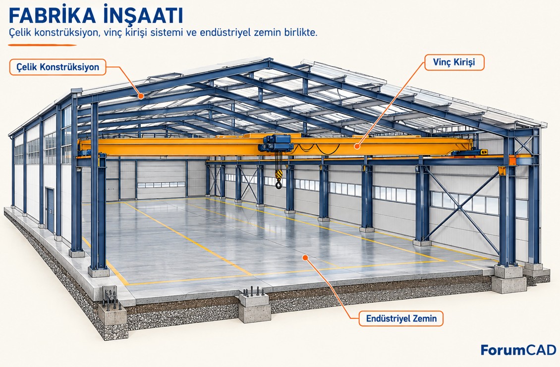 Fabrika sanayi tesisi inşaatı çelik konstrüksiyon vinç kirişi endüstriyel zemin genel görünüm