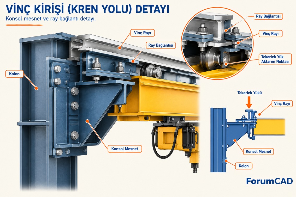 Vinç kirişi konsol mesnet ray bağlantı detayı kesit