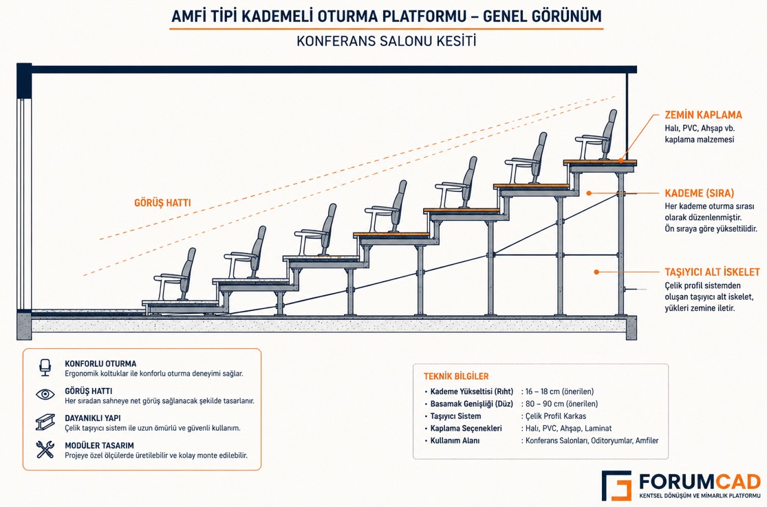 Konferans salonu amfi tipi kademeli oturma platformu genel görünüm