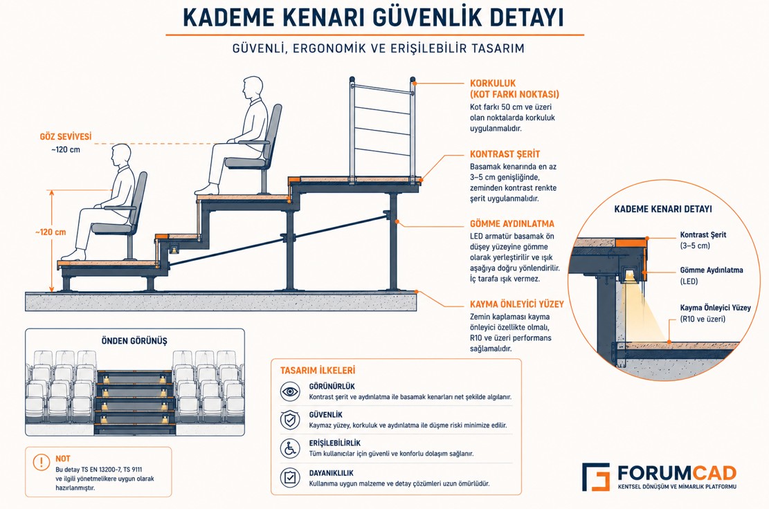 Kademe kenarı korkuluk ve kontrast şerit güvenlik detayı
