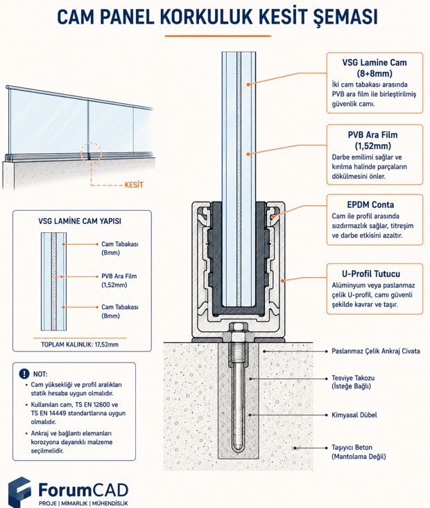 VSG lamine cam panel kesit detayı, PVB film ve U-profil tutucu