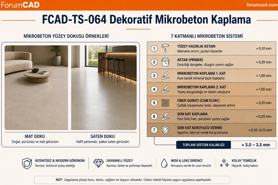 Dekoratif mikrobeton zemin ve duvar kaplama uygulaması — pürüzsüz yüzey, fuge yok, mat ve saten finih örnekleri, banyo ve oturma odası uygulama detayları