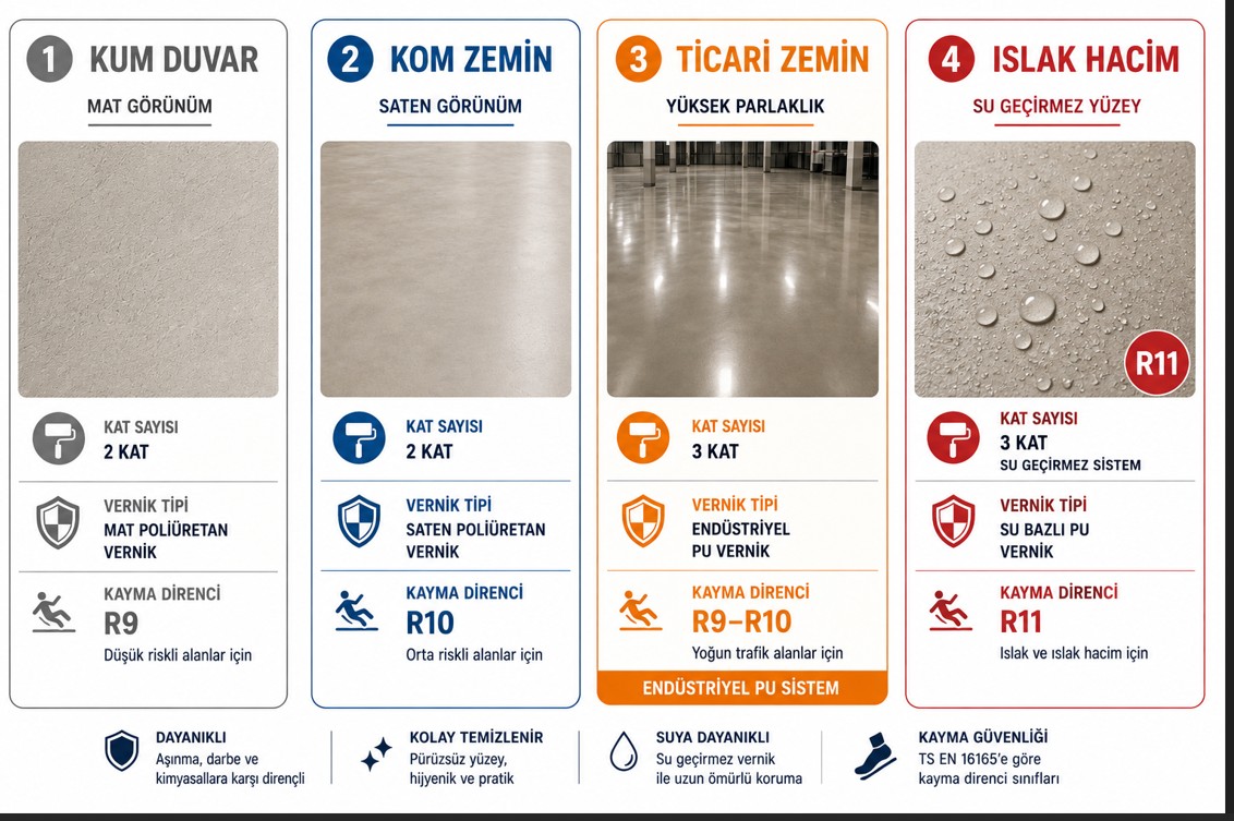 Mikrobeton vernik tipi karşılaştırması — mat, saten ve parlak görünüm örnekleri, zemin ve ıslak hacim için polyüretan ve epoksi vernik seçim tablosu