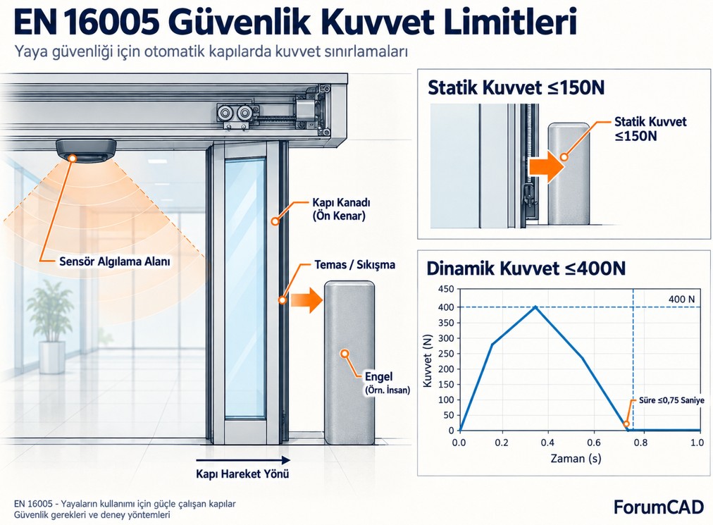EN 16005 otomatik kapı güvenlik kuvvet limitleri statik dinamik kuvvet diyagramı sensör algılama alanı