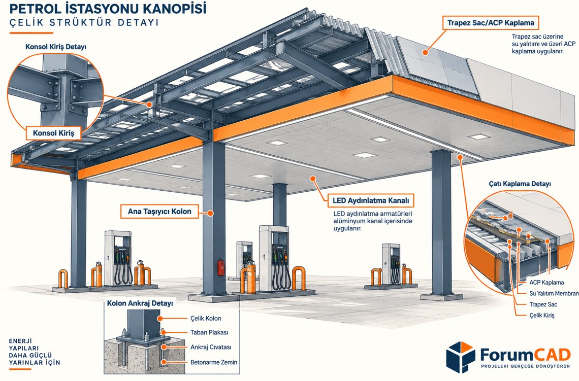 Petrol istasyonu kanopi çelik strüktür kolon kiriş montaj genel görünüm
