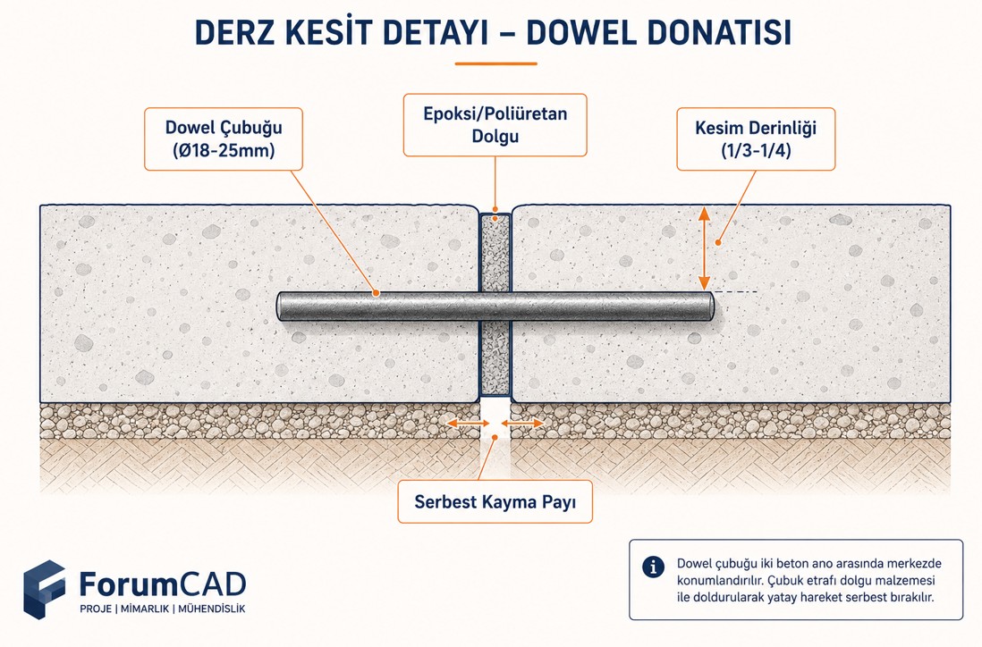 Derz kesit detayı, dowel kayma donatısı ve kesim derinliği