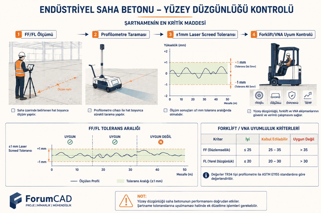 FF/FL yüzey düzgünlüğü ölçümü, profilometre taraması ve tolerans aralıkları