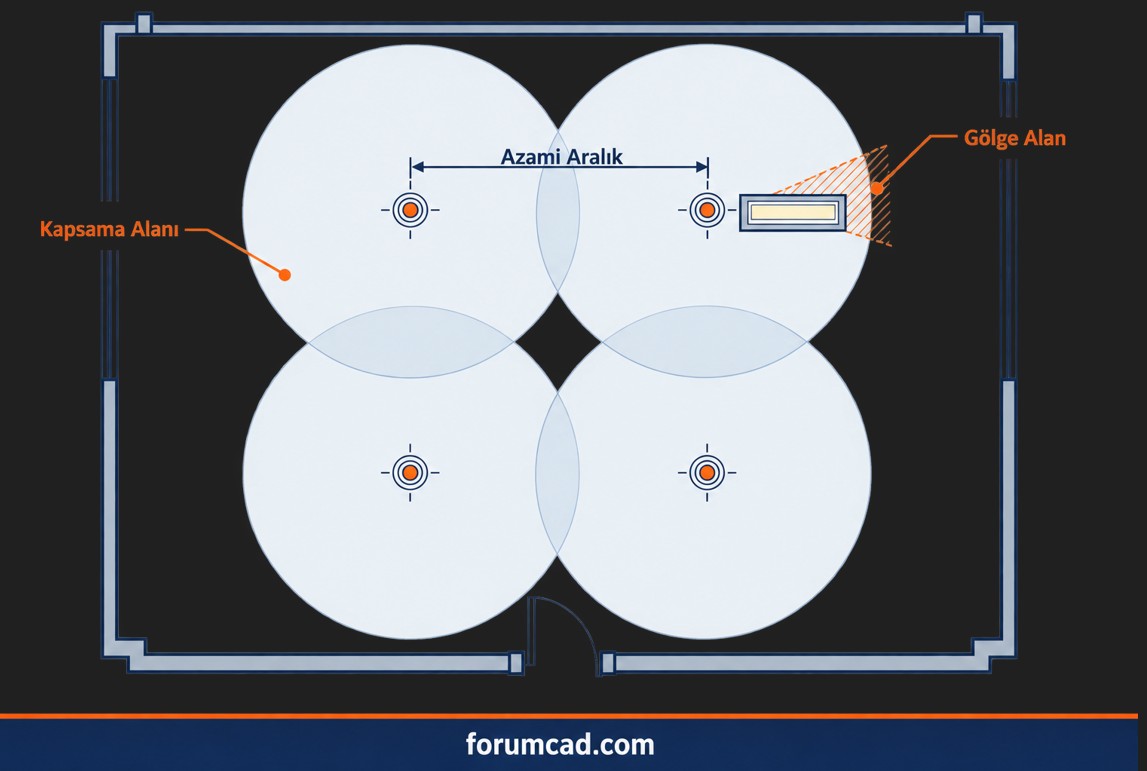 Sprinkler kapsama alanı azami aralık ve tavana mesafe detayı